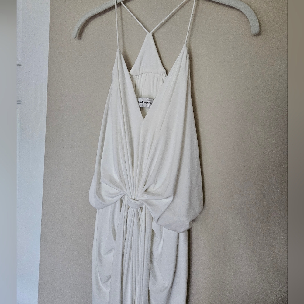 MISA T-Bags Los Angeles Domino Knotted Drape Midi Dress Spaghetti Strap White XS